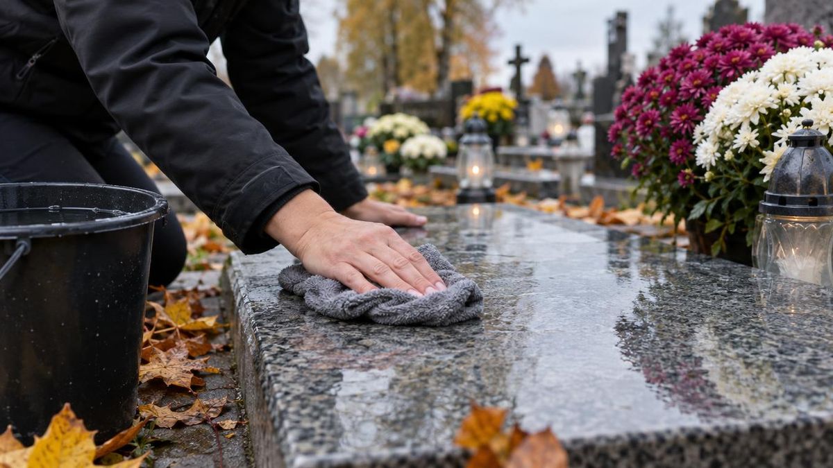 Mycie kamiennego nagrobka miękką ściereczką, cmentarz, wszystkich świętych, pomnik, mycie pomnika