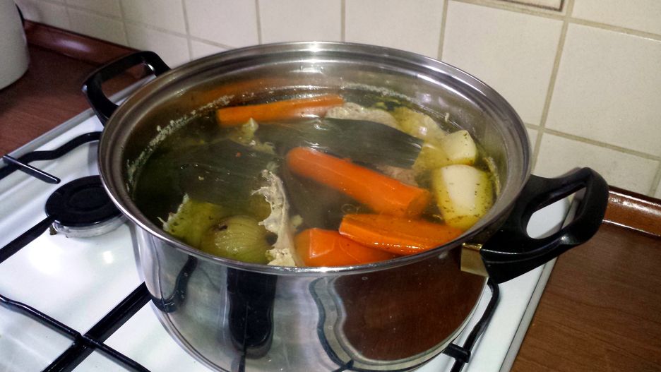 meat, chicken, vegetables, carrot, onion, parsley, leek, broth, homemade, decoction, pot, cook, cold, steam, kitchen, stove, celery, "chicken soup"