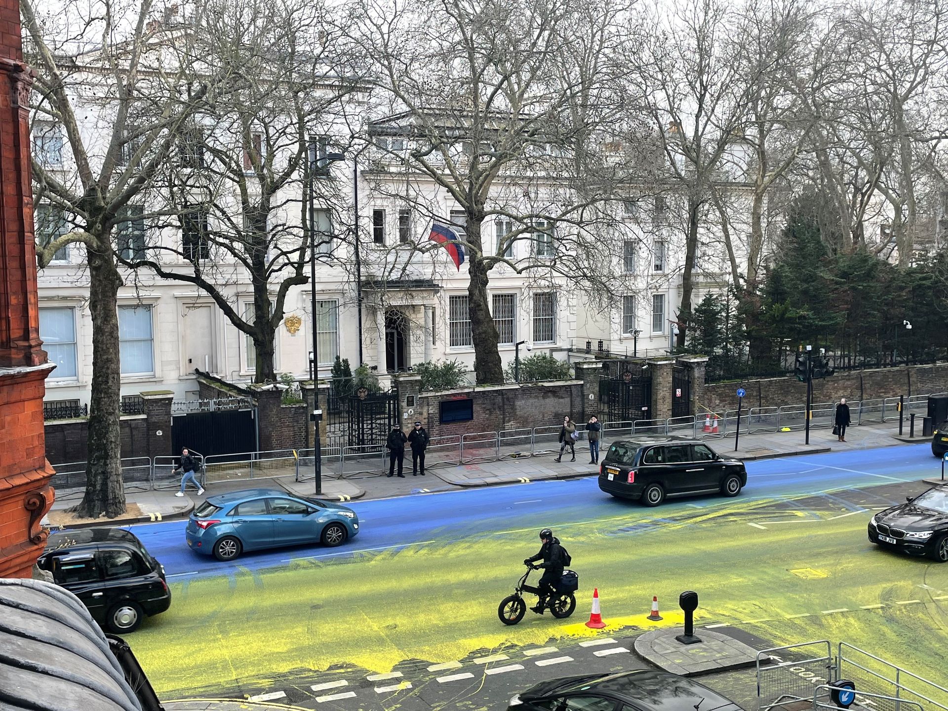 Russian invasion of Ukraine
A Ukrainian flag painted on the road outside the Russian embassy in London by protesters ahead of the anniversary of the invasion of Ukraine on Friday. Picture date: Thursday February 23, 2023. (Photo by Jane Barlow/PA Images via Getty Images)
Jane Barlow - PA Images