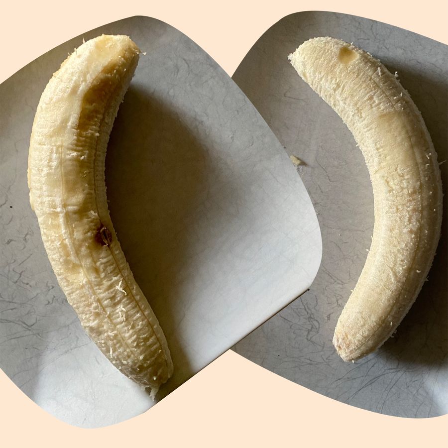 Po lewej: banan z miski, po prawej: wieszany banan