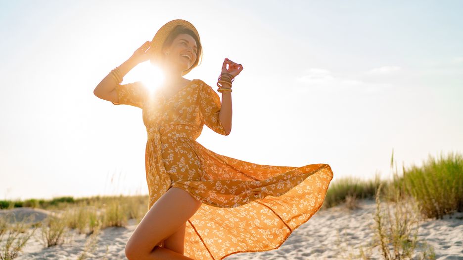 stylish attractive slim smiling woman on beach in summer style fashion trend outfitstylish attractive slim smiling woman on beach in summer style fashion trend outfit carefree and happy, feeling freedom, wearing yellow printed dress boho style chic and straw hataccessories, attractive, beach, beautiful, caucasian, cheerful, clothes, dress, emotion, emotional, fashion, fashionable, female, fun, girl, happiness, happy, hat, joy, lady, leisure, lifestyle, natural, nature, outfit, person, positive, pretty, relax, sea, season, slim, smile, spring, style, stylish, summer, summertime, sunlight, sunny, travel, traveler, trend, trendy, vacation, vibrant, vogue, woman, yellow, young