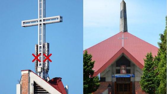 Społecznik Rafał Górski protestuje przeciwko montowaniu anten przy kościelnych krzyżach, na zdjęciu po lewej kościół na łódzkim Widzewie
