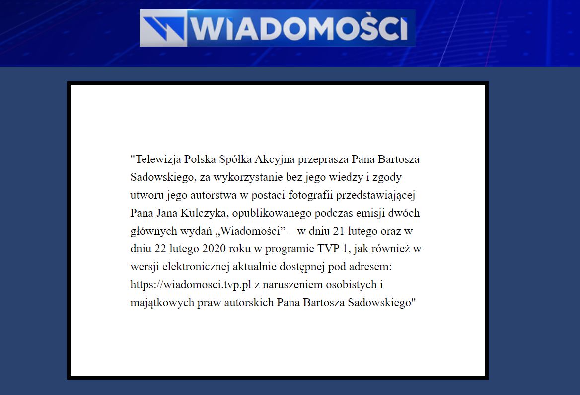 Przeprosiny na stronie internetowej "Wiadomości" TVP