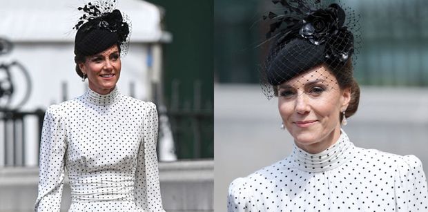 Wytworna księżna Kate dociera na uroczystą mszę w białej sukience w kropki. Stylizacja na medal?