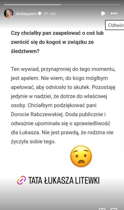 Ojciec Łukasza Litewski dziękuje Dodzie