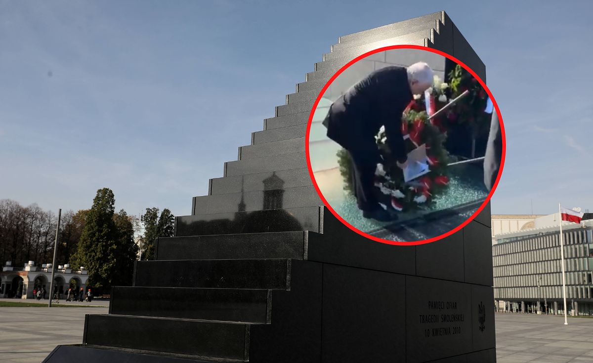 Jarosław Kaczyński zniszczył wieniec złożony przed pomnikiem smoleńskim