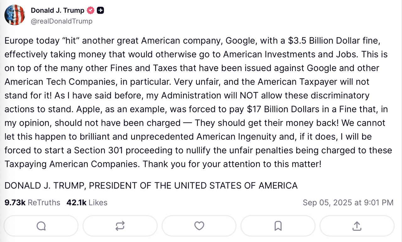 Wpis Donalda Trumpa nt. kary nałożonej na Google