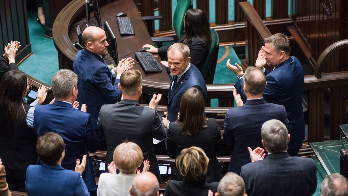 WARSAW, MASOVIAN VOIVODESHIP, POLAND - 2023/12/12: Donald Tusk after his inaugural speech as PM during the session of the parliament (Sejm). Donald Tusk presented his government to the Polish parliament (Sejm) as he became the new prime minister. Poland's newly elected PM said in his inaugural speech to parliament that he will demand full mobilization of the West to help Ukraine and also that xenophobia and anti-LGBTQ rhetoric will end and the time to be happy in Poland has come. Also, Tusk assured that the position of Poland at the European stage would be rebuilt. (Photo by Attila Husejnow/SOPA Images/LightRocket via Getty Images)