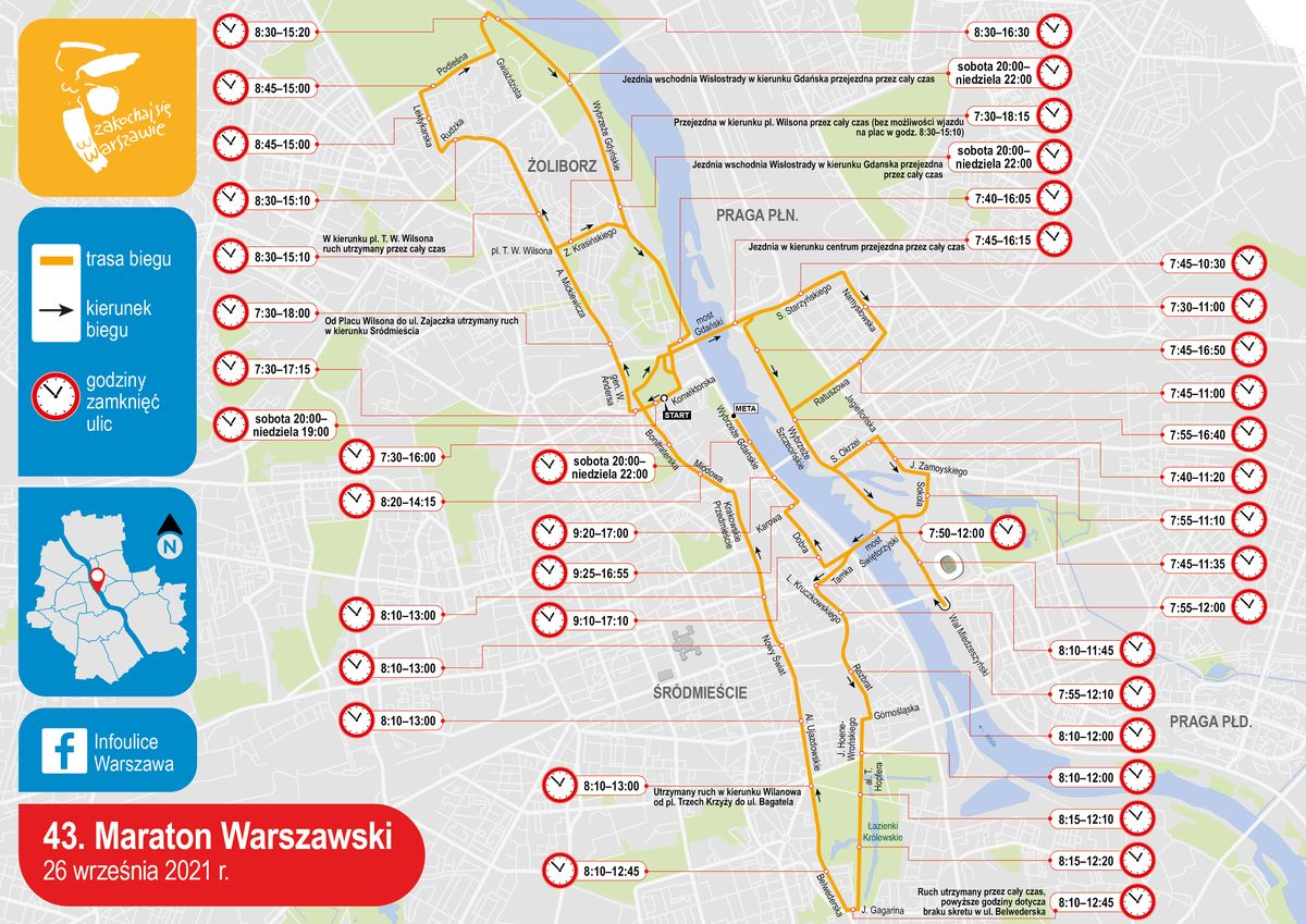 Warszawa. Mapka Maratonu Warszawskiego 