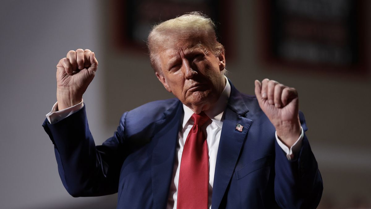 INDIANA, PENNSYLVANIA - SEPTEMBER 23: Republican presidential nominee, former U.S. President Donald Trump, dances on stage as he finishes speaking at a campaign rally at the Ed Fry Arena September 23, 2024 in Indiana, Pennsylvania. Trump is campaigning throughout western Pennsylvania today. (Photo by Win McNamee/Getty Images)