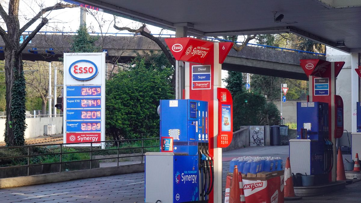 Fuel pumps and a price board are seen at an Esso gas station in Stuttgart, Baden-Wuerttemberg, Germany, on April 6, 2026. High fuel prices are affecting motorists and transport costs, with diesel prices in Germany reaching a new record high. Other European countries are implementing subsidies, tax cuts, and price caps. (Photo by Michael Nguyen/NurPhoto via Getty Images)
