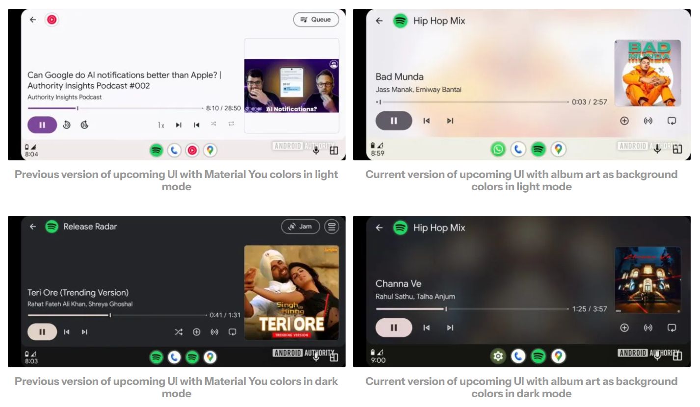 Różne motywy Androida Auto i warianty interfejsu