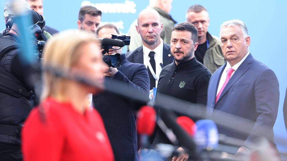 BUDAPEST, HUNGARY - NOVEMBER 7:  President of Ukraine Volodymyr Zelenskyy and Hungary Prime Minister Viktor Orbán arrive for the European Political Community summit at Puskas Arena on November 7, 2024 in Budapest, Hungary. This is the fifth meeting of the EPC, which was created in 2022 and brings together leaders from the 27 European Union countries and 20 others. (Photo by Janos Kummer/Getty Images)