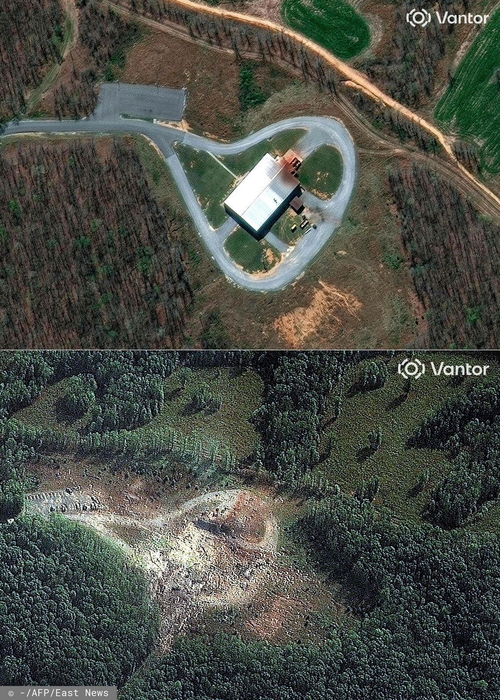 Temporary(COMBO) This combination of pictures created on October 11, 2025 shows, from top to bottom, a handout satellite image by Vantor taken on April 3, 2021 of Accurate Energetic Systems in McEwen, Humphreys County, Tennessee, and a handout satellite image by Vantor taken on October 10, 2025, showing a view of the blast site following the October 10 explosion at Accurate Energetic Systems in McEwen, Humphreys County, Tennessee. Nineteen people were missing and an unspecified number were killed after a massive blast tore through a US military explosives plant on October 10, prompting emergency responders to scour the ravaged site for any survivors, officials said. (Photo by Satellite image �2025 Vantor / AFP) / RESTRICTED TO EDITORIAL USE - MANDATORY CREDIT "AFP PHOTO / Satellite image �2025 Vantor ? - NO MARKETING NO ADVERTISING CAMPAIGNS - DISTRIBUTED AS A SERVICE TO CLIENTS - THE WATERMARK MAY NOT BE REMOVED/CROPPEDRESTRICTED TO EDITORIAL USE - MANDATORY CREDIT "AFP PHOTO / Satellite image �2025 Vantor ? - NO MARKETING NO ADVERTISING CAMPAIGNS - DISTRIBUTED AS A SERVICE TO CLIENTS - THE WATERMARK MAY NOT BE REMOVED/CROPPED / The watermark may not be removed/cropped. --