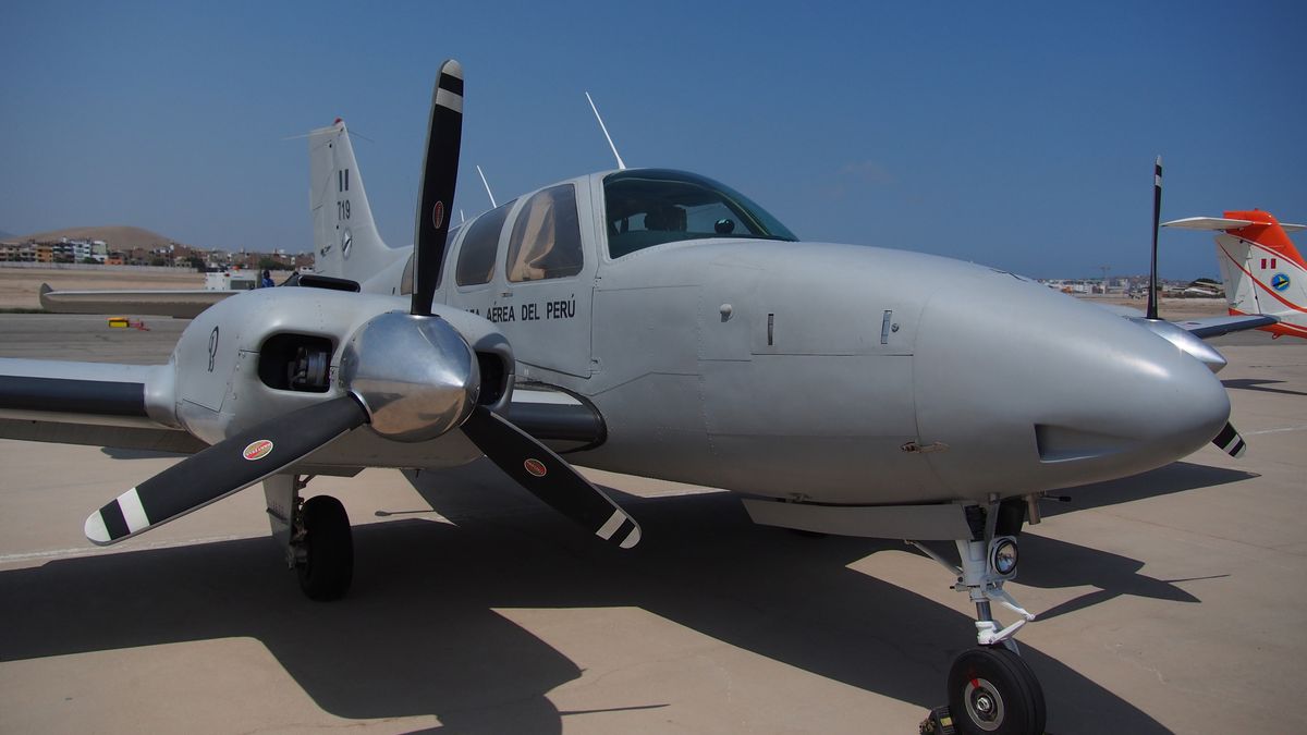 LAS PALMAS AIR BASE, LIMA, PERU - 2023/04/23: Piper PA-34 aircraft shown at the 2023 Peruvian Air Force Festival. The Aeronautical Festival is held at Las Palmas air base in Commemoration of the 109th birth anniversary of the Peruvian national hero Cap. FAP José Abelardo Quiñones Gonzales, Great Air General of Peru, and in celebration of Fighter Pilot Day. (Photo by Carlos Garcia Granthon/Fotoholica Press/LightRocket via Getty Images)