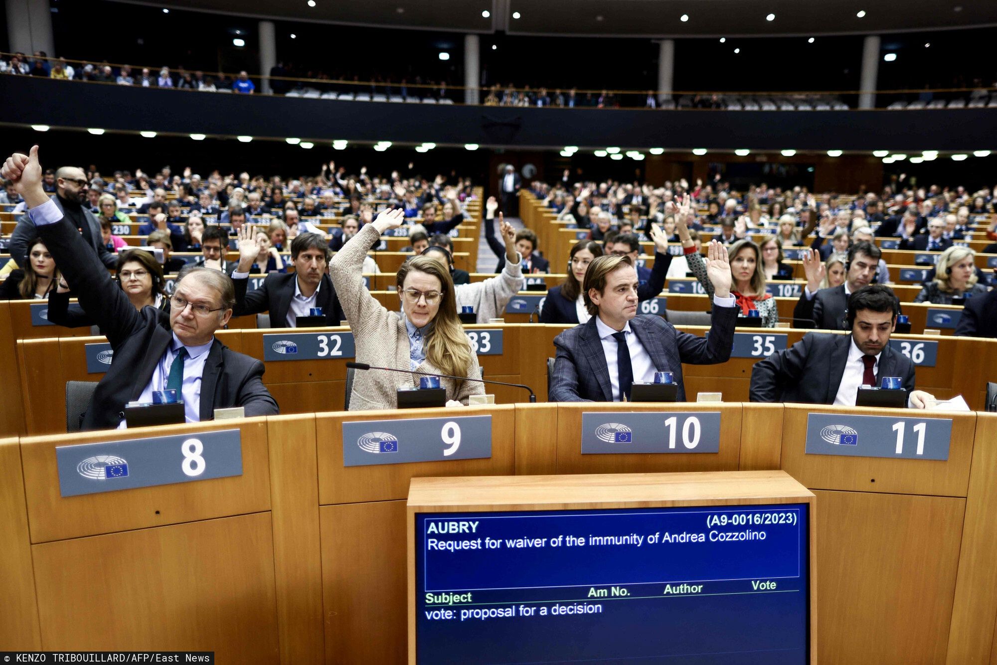 Temporary
Euro-deputies vote a request for waiver of the immunity of MEPs Marc Tarabella of Belgium and Italian Andrea Cozzolino as part of a probe into alleged bribery by Qatar and Morocco during a session at EU Parliament in Brussels on February 2, 2023. - A key European Parliament committee on January 31 unanimously backed lifting the immunity of the two lawmakers implicated in a corruption scandal that has rocked the EU. (Photo by Kenzo TRIBOUILLARD / AFP)
KENZO TRIBOUILLARD