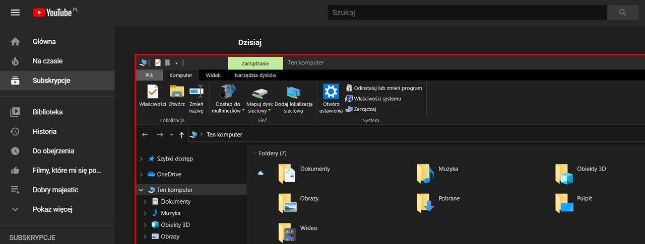 Ciemny motyw YouTube'a kontra ciemny Eksplorator Windowsa 10. Nieznaczna zmiana kontrastu poprawiłaby sytuację.