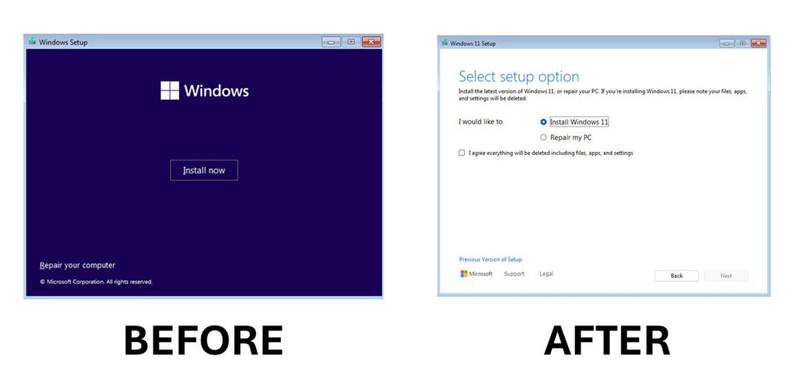 Instalator systemu Windows 11 w starej (po lewej) i nowej wersji (po prawej)
