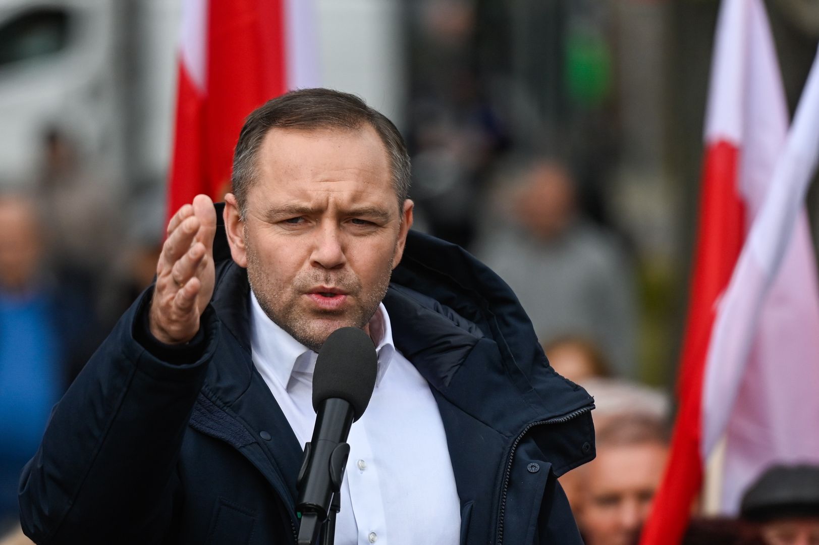 GARWOLIN, POLAND - MAY 05: Karol Nawrocki, a non-partisan Presidential candidate supported by the Law and Justice Party, delivers a speech during a political rally as the Presidential campaign enters the last two weeks on May 05, 2025 in Garwolin, Poland. Karol Nawrocki's rally in Garwolin comes days after his meeting with US President Donald Trump in the White House, in a show of support for Nawrocki as the candidate for Poland's nationalist opposition party Law and Justice (PiS), ahead of the country's upcoming presidential election on May 18. Nawrocki has been polling closely behind the ruling Civic Coalition (KO)'s candidate Rafal Trzaskowski. If neither wins 50% of the vote in the first round ballot, a runoff will be held on June 1.  (Photo by Omar Marques/Getty Images)