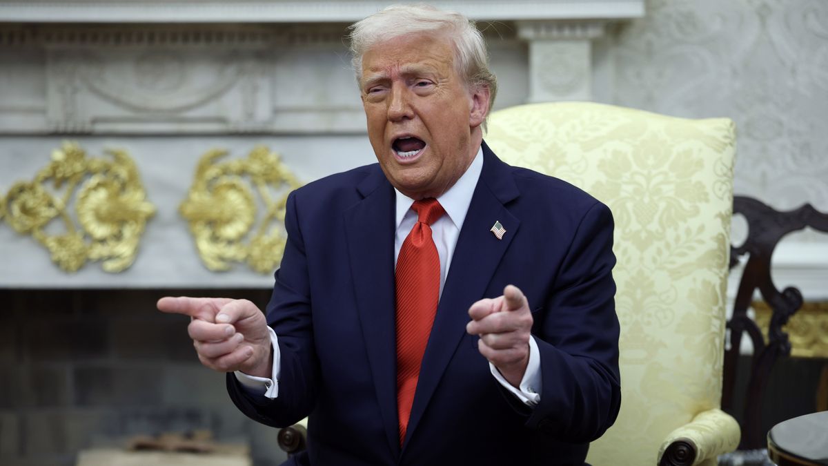 WASHINGTON, DC - APRIL 14: U.S. President Donald Trump gestures as he meets with President Nayib Bukele of El Salvador in the Oval Office of the White House April 14, 2025 in Washington, DC. Trump and Bukele were expected to discuss a range of bilateral issues including the detention of Kilmar Armando Abrego Garcia, who has been held in a prison in El Salvador since March 15.  (Photo by Win McNamee/Getty Images)