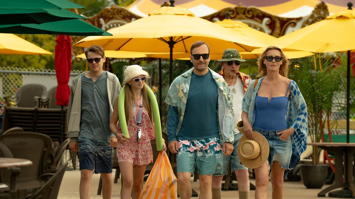 (from left) Brady Mansell (Gage Munroe), Sammy Mansell (Paisley Cadorath), Hutch Mansell (Bob Odenkirk), David Mansell (Christopher Lloyd) and Becca Mansell (Connie Nielsen) in Nobody 2, directed by Timo Tjahjanto.
Allen Fraser/Universal Pictures