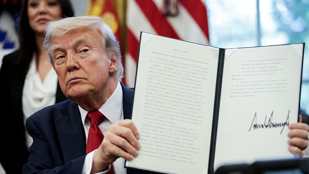 Trump To Sign Executive Order To Bolster AI Education, Workforce
US President Donald Trump displays a signed executive order in the Oval Office of the White House in Washington, DC, US, on Wednesday, April 23, 2025. Trump will sign an executive order to boost artificial intelligence education and workforce training, according to a senior White House official, highlighting a rapidly developing technology that is a top administration priority. Photographer: Samuel Corum/Sipa/Bloomberg via Getty Images
Bloomberg
2025uspolitics, u.s. government, us, the white house, americas, government news, exectuive orders, north american, u.s.a., american, united states of america, eo