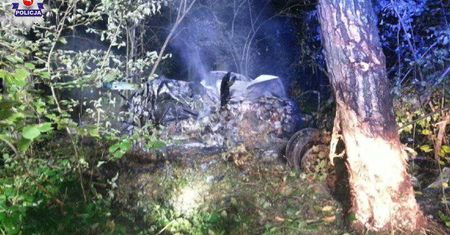 Renault uderzyło w drzewo i stanęło w płomieniach. Kierowca nie żyje