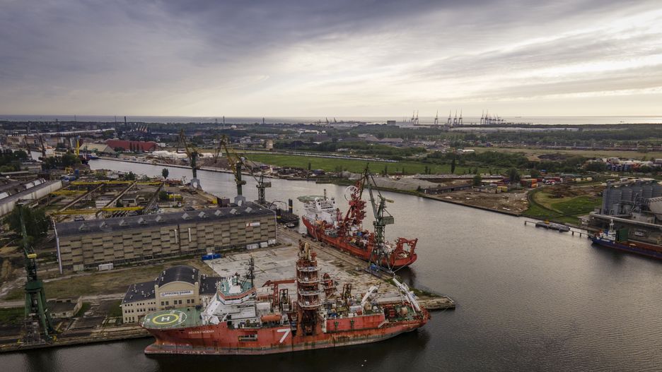 The Seven Phoenix pipe laying ship is seen docked by the Martwa Wisla canal on June 2, 2020 in Gdansk, Poland. (Photo by Jaap Arriens/NurPhoto via Getty Images)