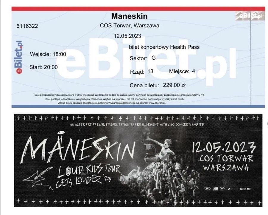 Bilet na koncert zespołu Måneskin