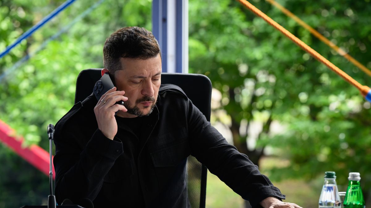 TIRANA, ALBANIA - MAY 16: Ukraine's President Volodymyr Zelensky speaks on the phone during a meeting at the 6th European Political Community summit on May 16, 2025 at Skanderbeg Square in Tirana, Albania. The EPC brings together heads of state and government from the 27 European Union countries and 20 others. The items on today's agenda are security and democratic resilience, competitiveness and economic security, and mobility challenges and youth empowerment. (Photo by Leon Neal/Getty Images)