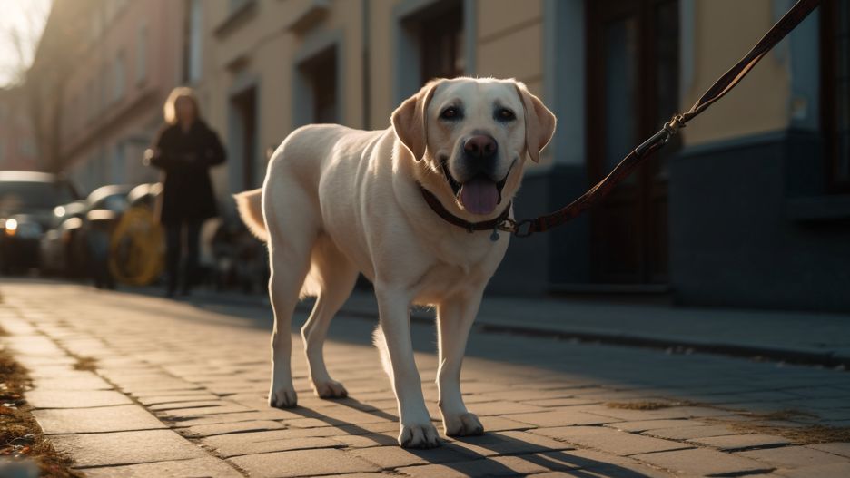 pies, labrador, domowych, zwierzak, ulica, budynki, biszkoptowy, beżowy, rasowy, smycz, bystra, psinka, ssak, labrador retriever, czysta rasa, rasa, domowy