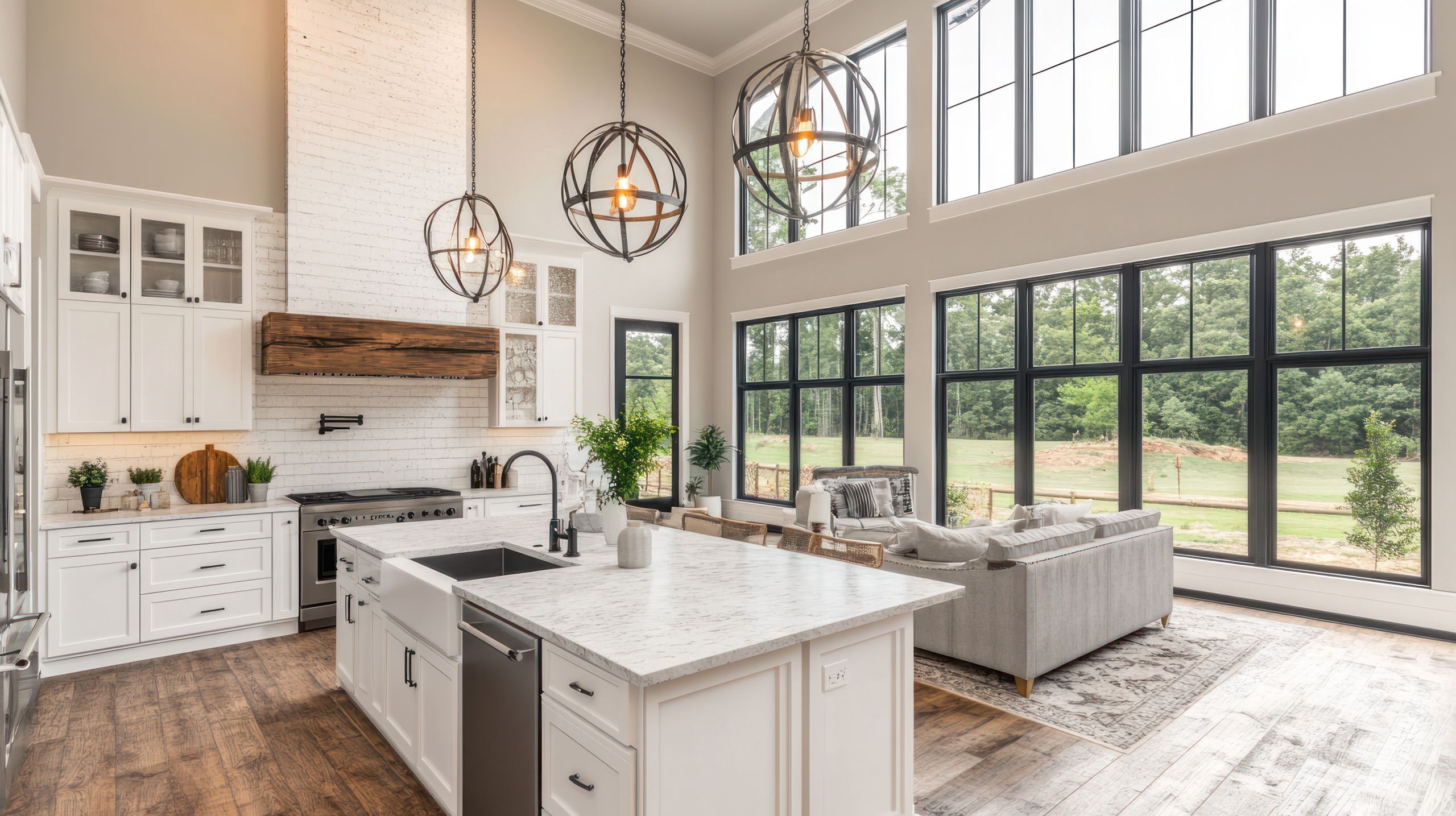 Farmhouse kitchen with large windows overlooking a landscape
IMAGE_TYPE: perspective shot | GENRE: high-end home visualization | EMOTION: sleek, modern | SCENE: breathtaking view of an open concept luxury home interior, featuring a spacious kitchen with a large island and farmhouse sink, an elegant living room with high ceilings, and a floating wood staircase leading to the second floor, enhanced by soft ambient lighting | LOCATION TYPE: designer home interior | CAMERA MODEL: Hasselblad X2D 100C | CAMERA LENS: XCD 45mm f/3.5 | SPECIAL EFFECTS: smooth lighting gradients, ultra-detailed textures | TAGS: stylish open floor plan, designer kitchen, premium real estate, contemporary wood staircase, warm modern interior, spacious and luxurious. hyper realistic, super detailed, 14K, clean, amazing, best photo, no human, no fog, no people, no mist, no accessories, no knick-knacks, no dolls, --chaos 40 --ar 16:9 --style raw --stylize 400 --v 6.1 Job ID: 64437d50-4243-479e-b971-ce8b793c8bdf
mealcent
kitchen, farmhouse, modern, interior, design, home, house, living, room, windows, landscape, view, open, concept, spacious, luxury, remodel, renovation, decor, lighting, cabinets, countertop, island, appliances, hardwood, floors, furniture, sofa, dining, family, familyroom, elegant, cozy, comfortable, rustic, country, style, white, gray, black, plants, decorating, realtor, realestate, property, estate, dream, investment, architecture, kitchen, farmhouse, modern, interior, design, home, house, living, room, windows, landscape, view, open, concept, spacious, luxury, remodel, renovation, decor, lighting, cabinets, countertop, island, appliances, hardwood, floors, furniture, sofa, dining, family, familyroom, elegant, cozy, comfortable, rustic, country, style, white, gray, black, plants, decorating, realtor, realestate, property, estate, dream, investment, architecture