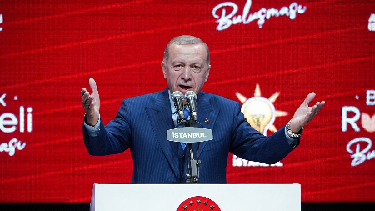 Great Rumelia Meeting in IstanbulISTANBUL, TURKIYE- MAY 22: President Recep Tayyip Erdogan speaks at the Great Rumelia Meeting on May 22, 2023 in Istanbul, Turkiye. (Photo by Cemal Yurttas/ dia images via Getty Images)dia images