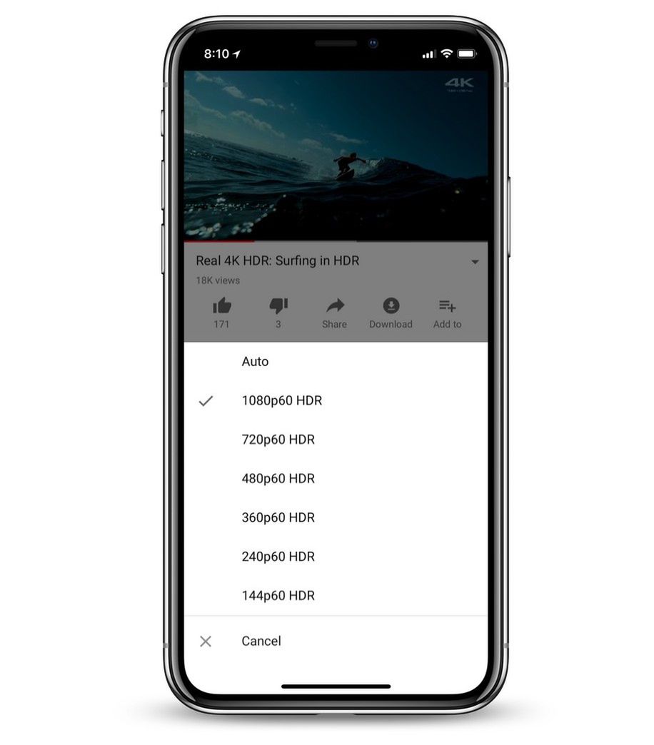 HDR wśród ustawień jakości filmów w YouTubie. Źródło: MacRumors.