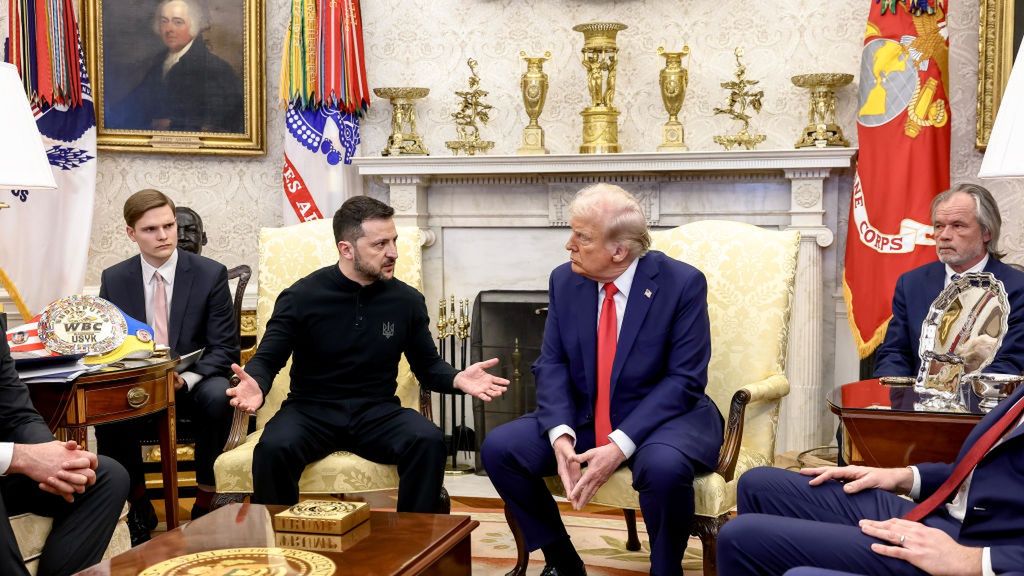 President Trump Meets Ukrainian President Zelenskiy At White House
Volodymyr Zelenskiy, Ukraine's president, center left, and US President Donald Trump, center right, during a meeting in the Oval Office of the White House in Washington, DC, US, on Friday, Feb. 28, 2025. Zelenskiy is meeting with Trump to discuss a deal that would allow the US to share in Ukraine's natural resources, hoping to start a discussion on security guarantees. Photographer: Jim Lo Scalzo/EPA/Bloomberg via Getty Images
Bloomberg
emea, international relations, 2025uspolitics, north american, european, u.s. government, us, united states of america, americas, government news, u.s.a., american, eastern european countries, foreign relations, ukrainian, the white house