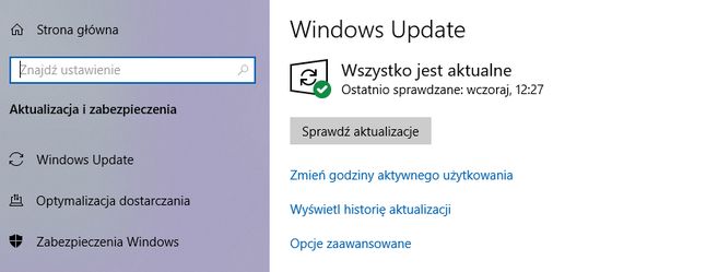 Status Windows Update w systemie Windows 10.