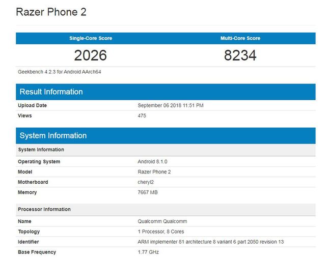 Razer Phone 2 w bazie Geekbench