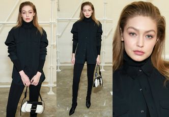 Poważna Gigi Hadid w czarnej stylizacji chwali się torebką Prady za 12 tysięcy