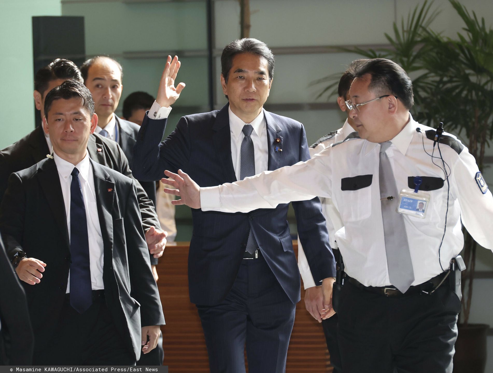 Temporary
Taku ETO, Japanese Minister of Agriculture, Forestry, and Fisheries (C), arrives at the Prime Minister's office in Tokyo, Japan, on May 21, 2025. He submitted his resignation letter to Prime Minister Shigeru ISHIBA following his gaffe during a speech at a Liberal Democratic Party meeting held in Saga City, Kyushu Region, on May 19. he said that he had never bought rice because supporters had given him such a large amount that he could sell. ( The Yomiuri Shimbun via AP Images )
Masamine KAWAGUCHI