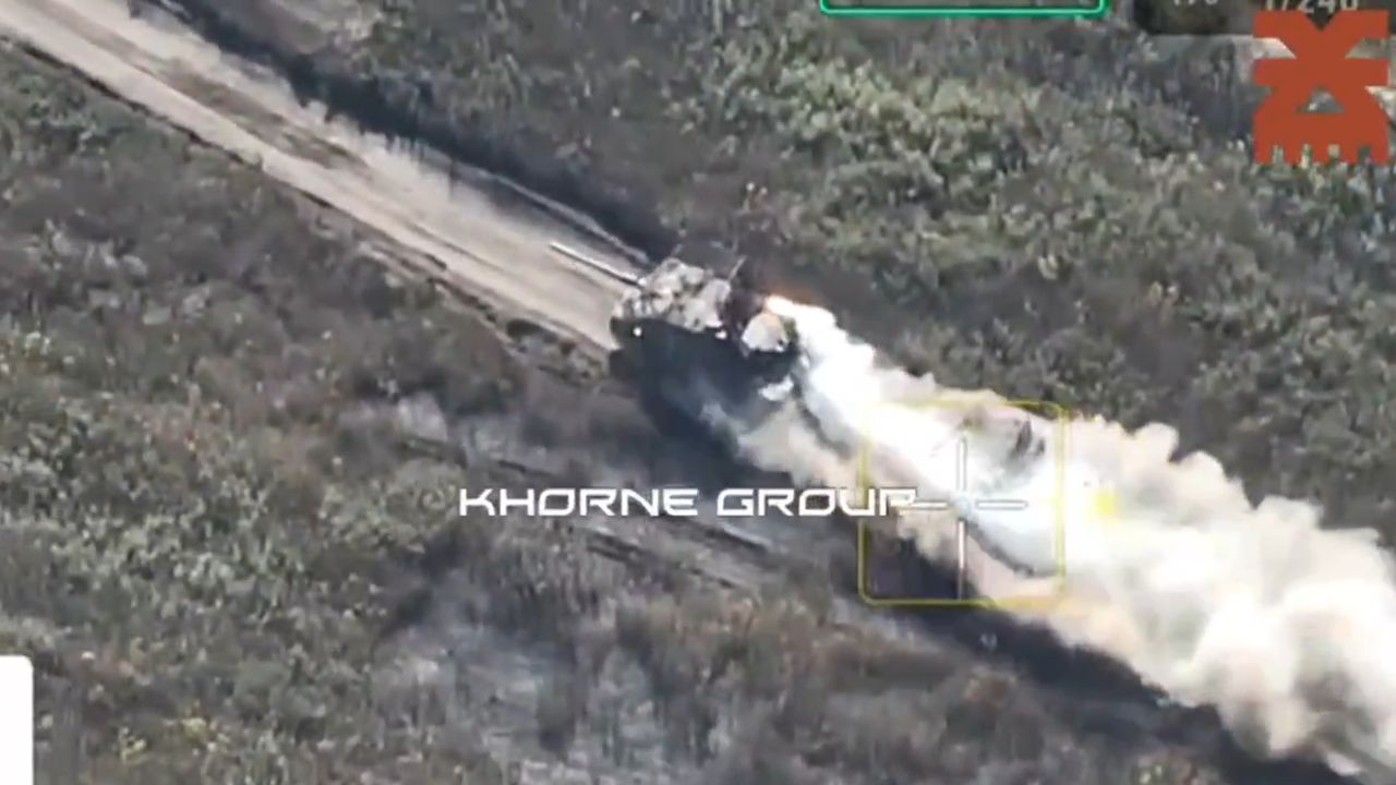 Ukrainian tank Strv 122 in clouds of smoke after being hit.