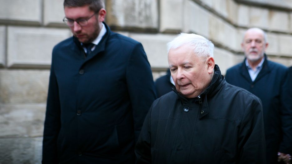 Jaroslaw Kaczynski, the President of the Law and Justice Party, is attending a ceremony at Wawel Castle in Krakow, Poland, on April 18, 2024, to commemorate the anniversary of his brother's funeral. On this anniversary, PiS leader Jaroslaw Kaczynski, along with leading parliamentarians from the party, is laying wreaths on President Lech Kaczynski's grave and participating in a Holy Mass at the Wawel Cathedral, which Archbishop Marek Jedraszewski is celebrating in honor of the deceased presidential couple. (Photo by Klaudia Radecka/NurPhoto via Getty Images)
