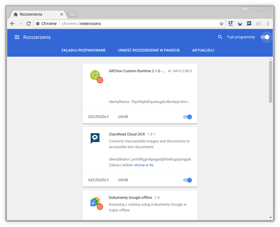 Material Design w widoku Rozszerzeń przegladarki Chrome