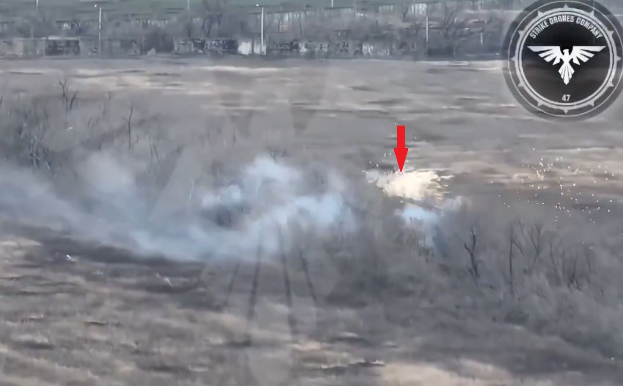 A Russian trench in the tree line being shelled by Ukrainians with programmable ammunition.