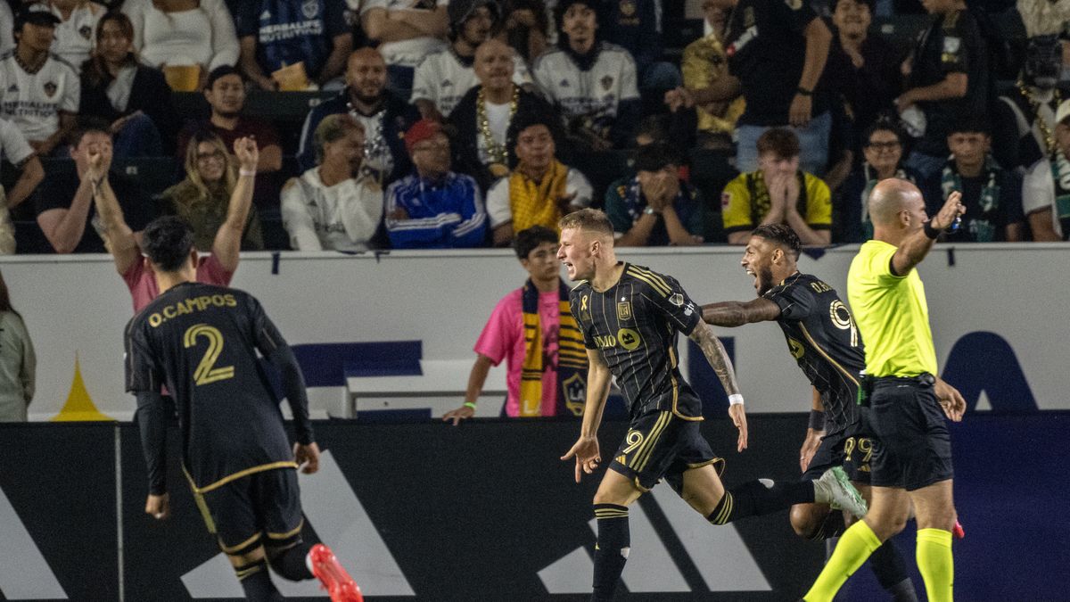 CARSON, CA - SEPTEMBER 14: Mateusz Bogusz #19 of Los Angeles FC celebrates his goal during the game against Los Angeles Galaxy at Dignity Health Sports Park on September 14, 2024 in Carson, California. The Los Angeles Galaxy won 4-2. (Photo by Shaun Clark/Getty Images)