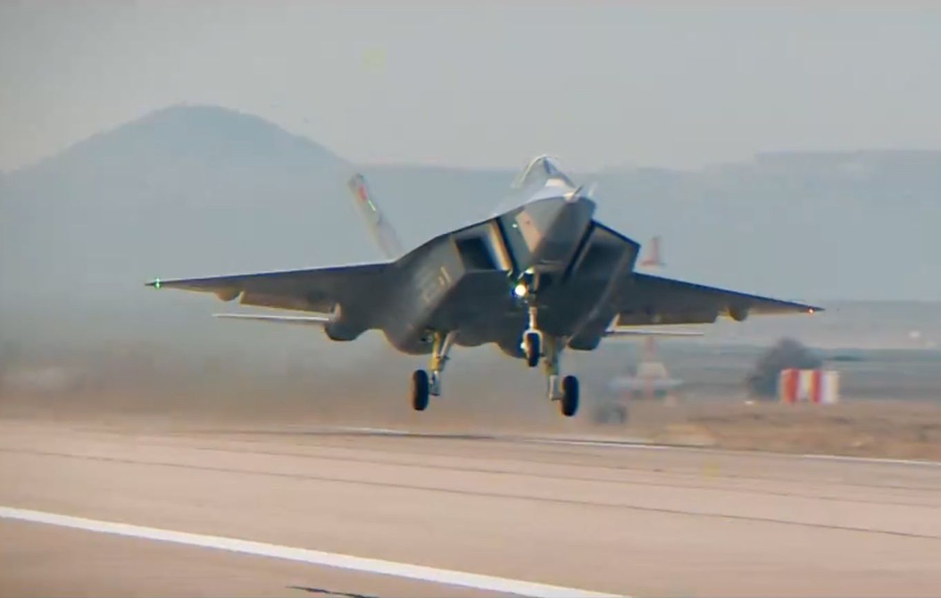 ANKARA, TURKIYE - FEBRUARY 21: (----EDITORIAL USE ONLY - MANDATORY CREDIT - 'TURKISH DEFENCE INDUSTRY AGENCY - HANDOUT' - NO MARKETING NO ADVERTISING CAMPAIGNS - DISTRIBUTED AS A SERVICE TO CLIENTS----) A screen grab captured from a video shared by Haluk Gorgun, President of Defense Industries in his social media accounts shows Turkish fighter jet KAAN conducting maiden flight in Ankara, Turkiye on February 21, 2024. (Photo by Turkish Defence Industry Agency/Anadolu via Getty Images)