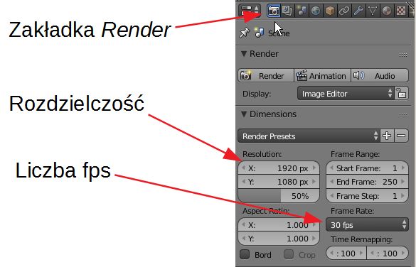 Panel Properties i zakładka Render - ustawy dla animacji