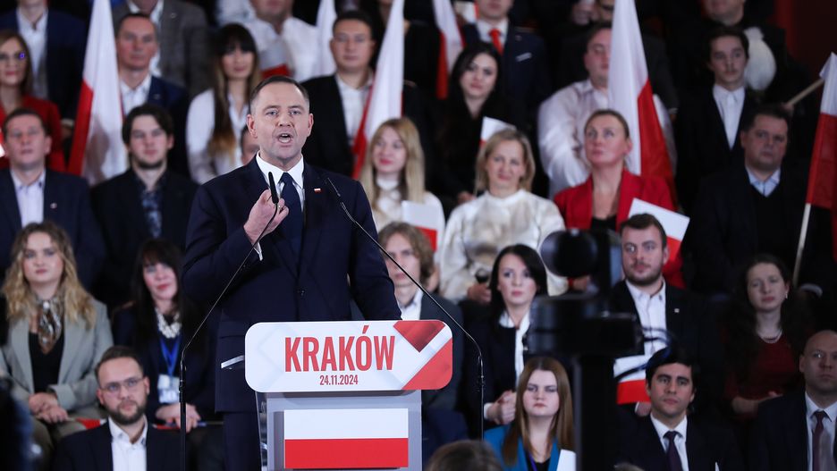 In Krakow, Poland, on November 24, 2024, the newly presented presidential candidate, Polish historian and president of the Institute of National Remembrance, Karol Nawrocki, attends the Law and Justice Party convention at the 'Sokol'. The Law and Justice Party, during the convention with chairman Jaroslaw Kaczynski, presents their supported independent candidate in the presidential election. It is Polish historian and president of the Institute of National Remembrance, Karol Nawrocki, who will run for president in May 2025. (Photo by Klaudia Radecka/NurPhoto via Getty Images)
