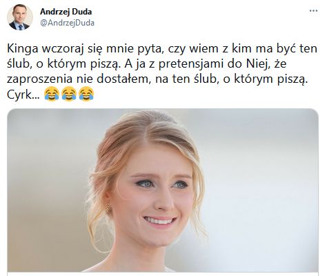 Andrzej Duda żartobliwie o plotkach na temat odwołanego ślubu córki