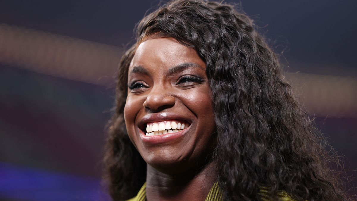 AL KHOR, QATAR - DECEMBER 10: Eni Aluko looks on prior to the FIFA World Cup Qatar 2022 quarter final match between England and France at Al Bayt Stadium on December 10, 2022 in Al Khor, Qatar. (Photo by Alex Pantling - The FA/The FA via Getty Images)