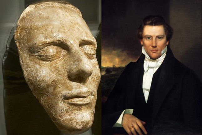 Maska pośmiertna i portret Josepha Smitha.